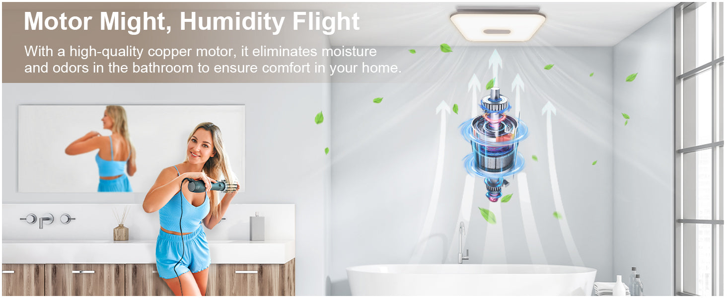 Bathroom with a humidifier and text about motor quality and moisture elimination.