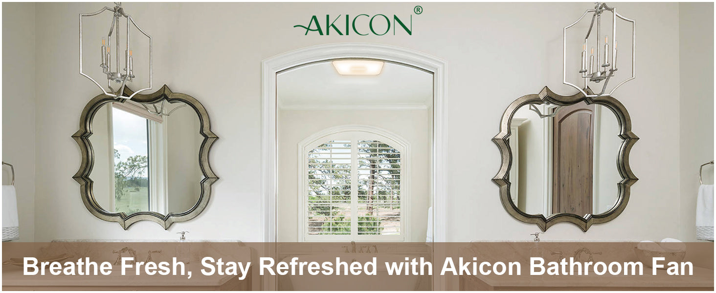 Bathroom with decorative mirrors and a ceiling fan, featuring the brand 'Akicon'.