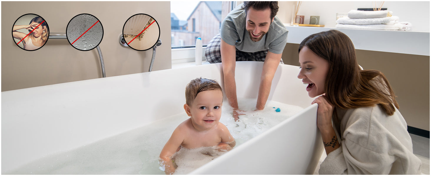Family with a baby in a bathtub, with temperature gauges displayed.