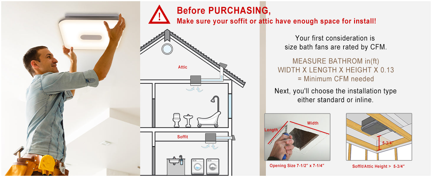 Person installing a bathroom fan with installation guidelines on a white background