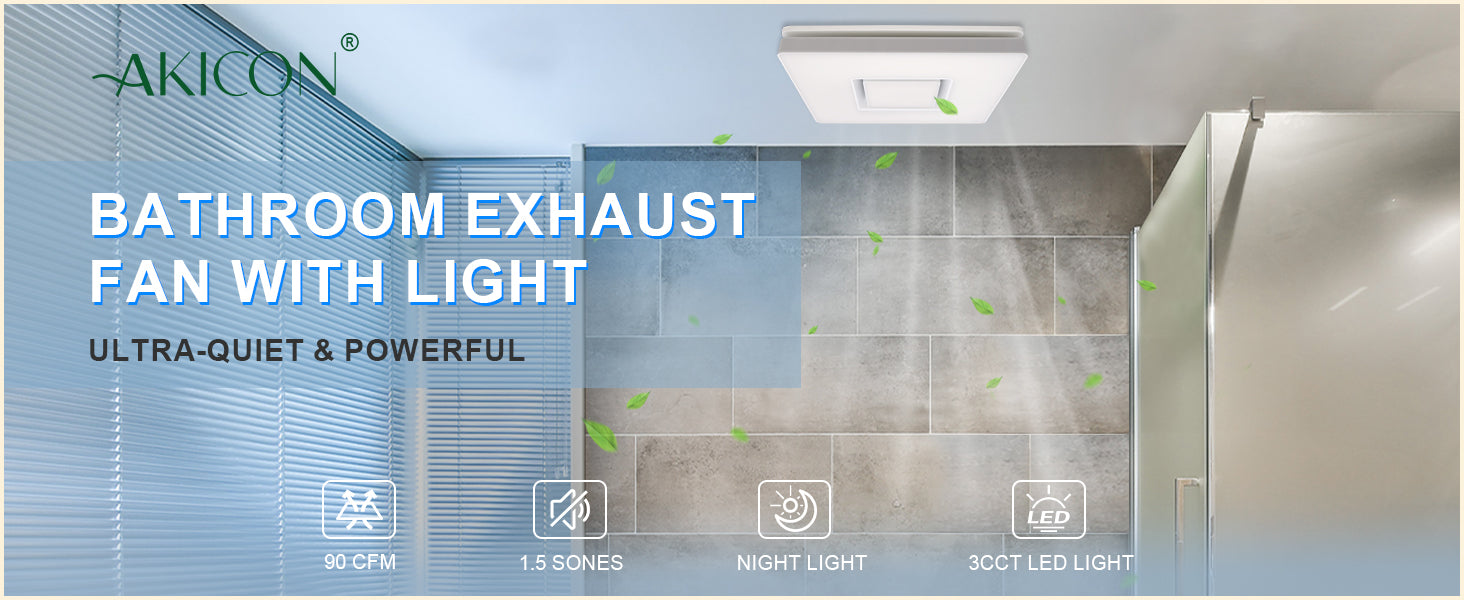Bathroom exhaust fan with light featuring AKICON branding and product features.