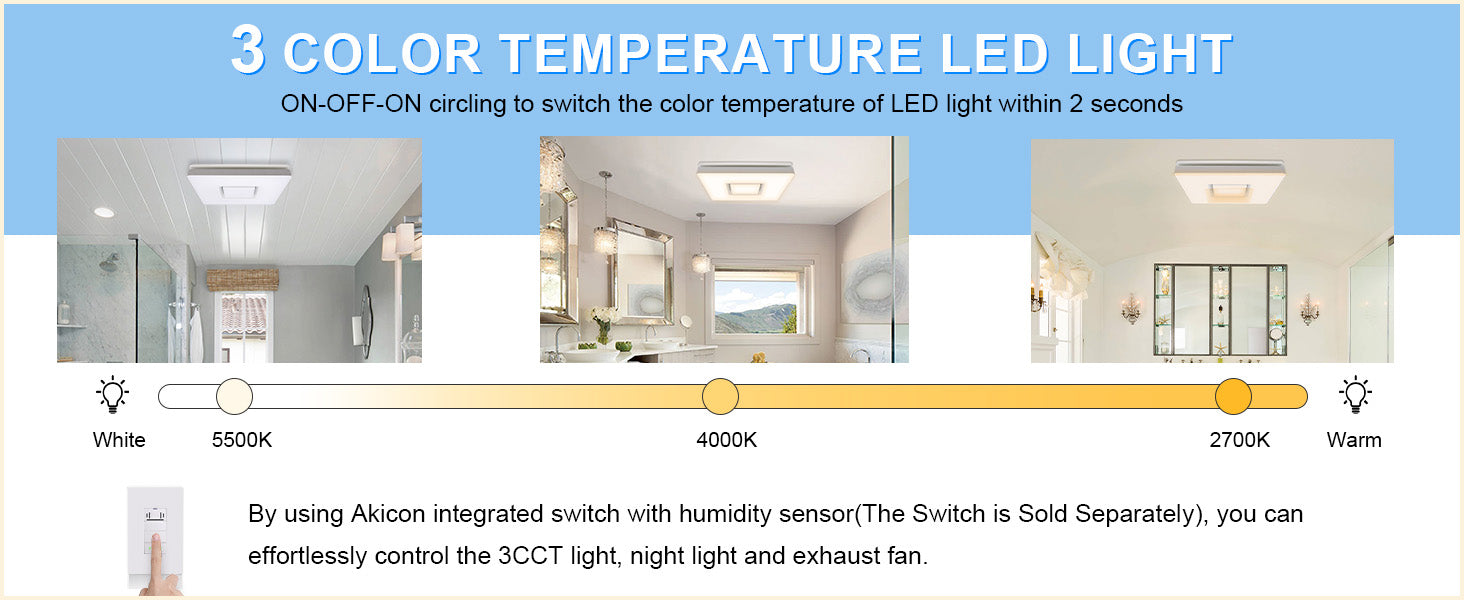 Advertisement for a 3-color temperature LED light with images of rooms and a color temperature slider.