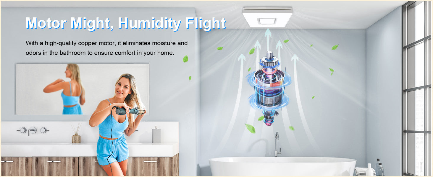 Bathroom with a humidifier and text about motor quality and humidity control.