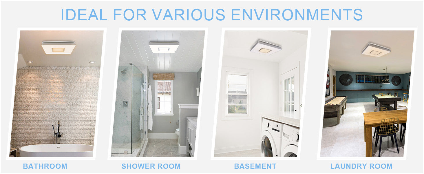 Lighting fixtures in various indoor environments including a bathroom, shower room, basement, and laundry room.