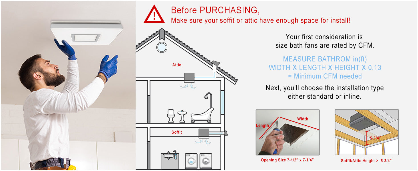 Person installing a bathroom fan with installation guidelines on the right.