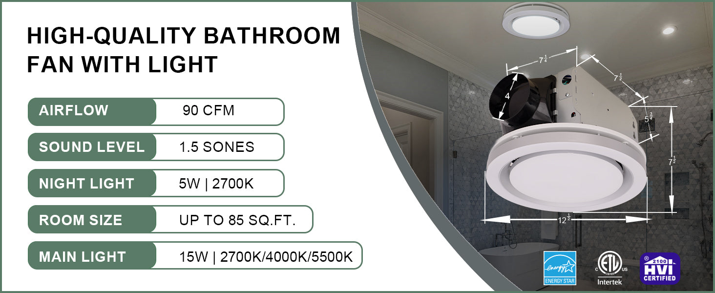 Bathroom fan with light product description and specifications on a white background