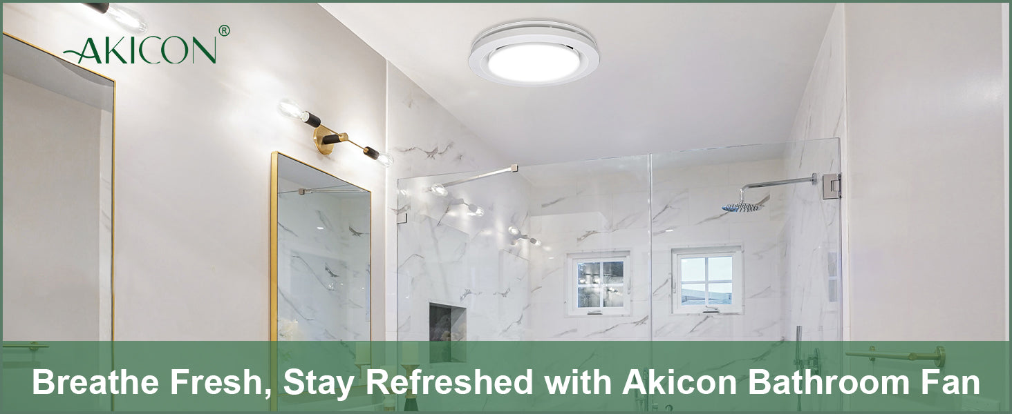 Bathroom with a ceiling fan, featuring Akicon branding and text promoting freshness.