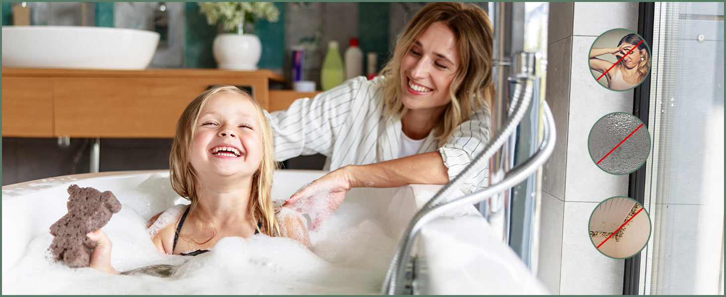 Woman and child in a bubble bath with a teddy bear, surrounded by images of skin conditions.