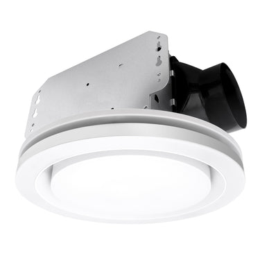 Ceiling-mounted exhaust fan with white housing and black duct on a white background