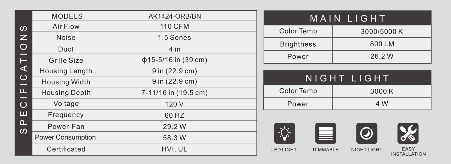 Product specifications table for a light fixture with technical details.