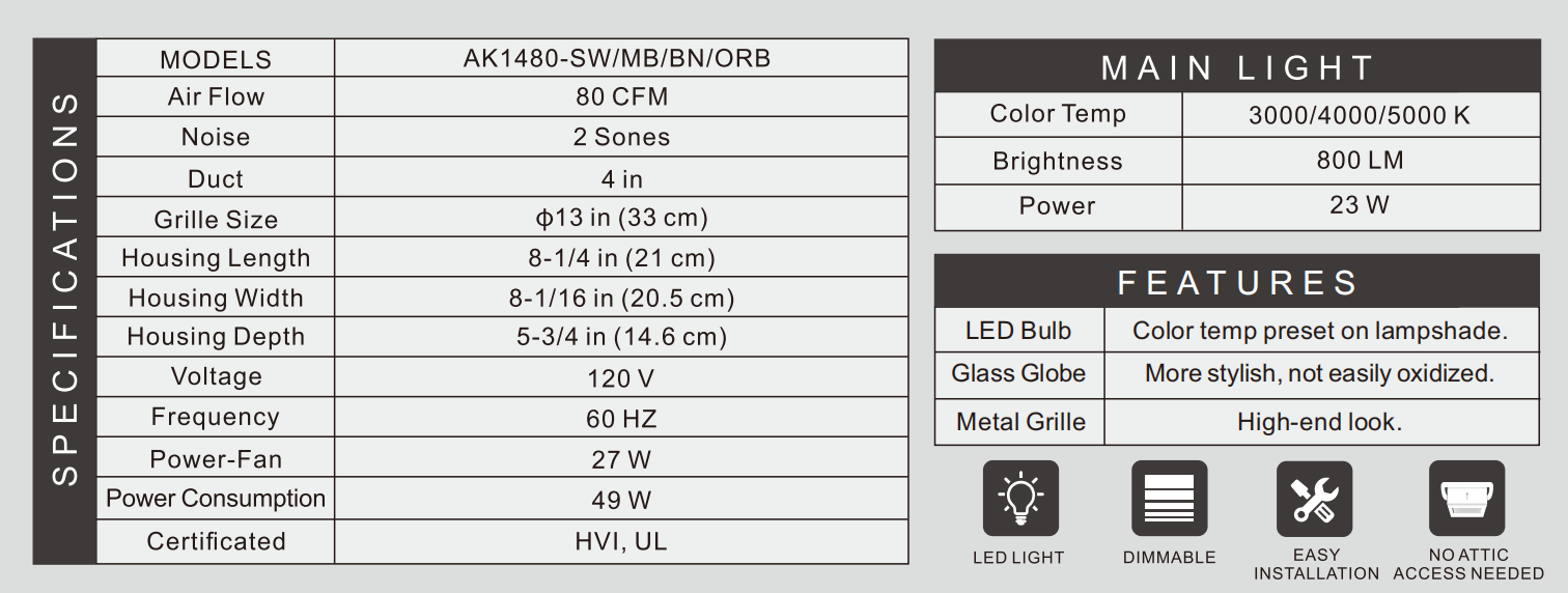 Product specifications label for a light fixture with technical details.