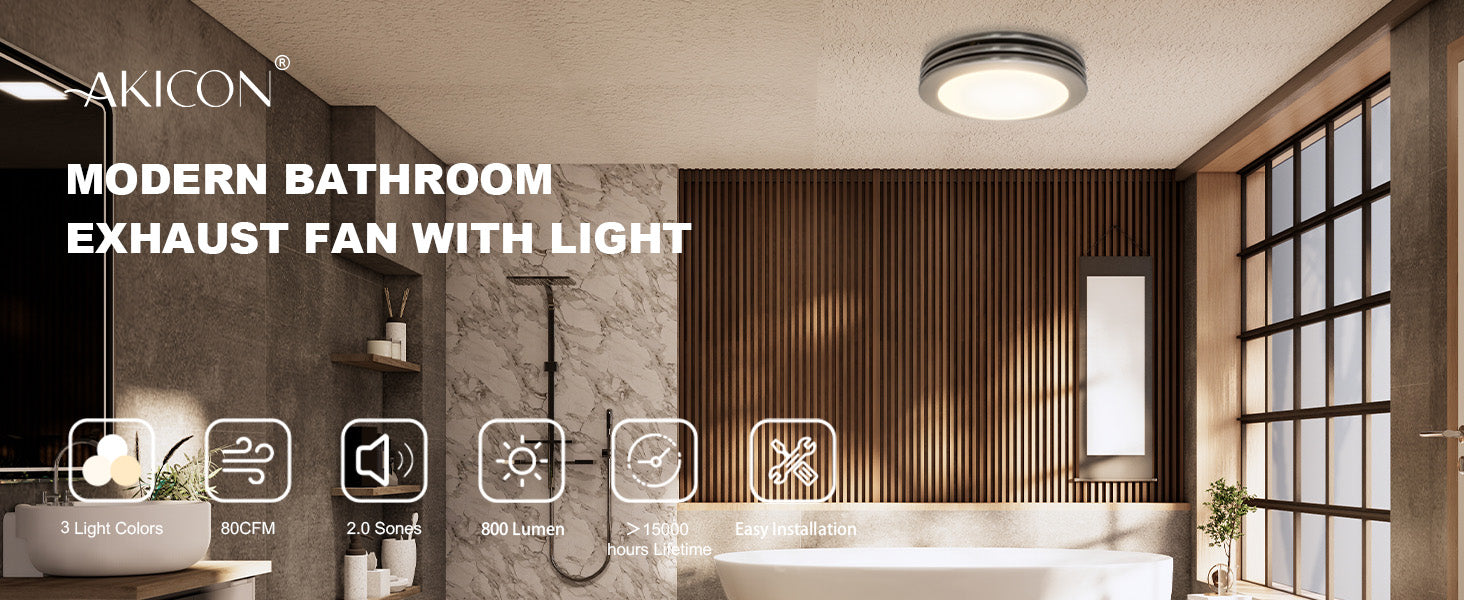 Modern bathroom with a ceiling light fixture, featuring the brand 'Akicon'.