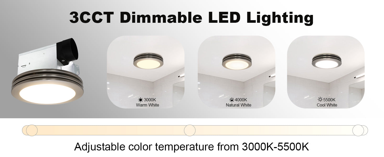 4 LED light fixtures with adjustable color temperature labels on a gray background
