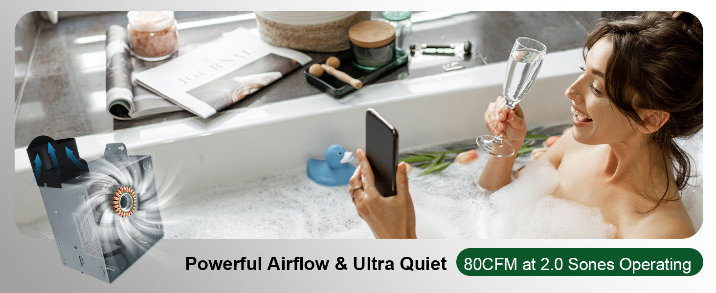 Woman in a bathtub with a smartphone, surrounded by bubbles and a fan, with text about airflow and noise levels.