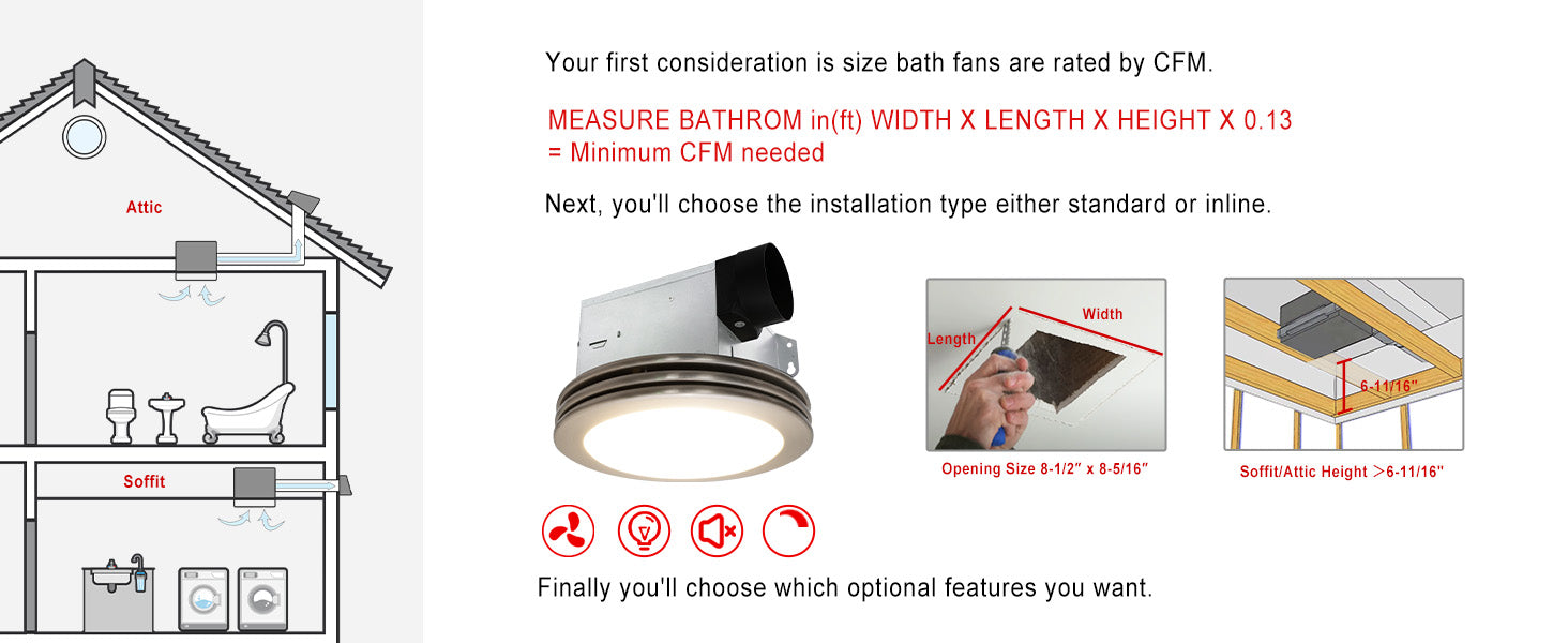 Bath fan installation guide with diagrams and text on a white background