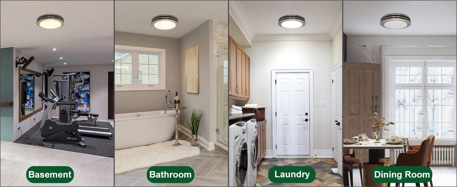 Four different rooms in a home with labels: Basement, Bathroom, Laundry, and Dining Room.