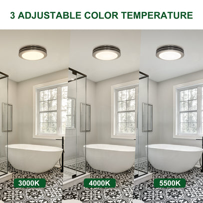 Bathroom with three different light settings labeled 3000K, 4000K, and 5500K