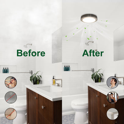 Bathroom transformation showing 'Before' and 'After' with a clean and organized layout.