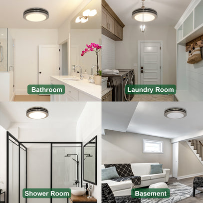 Collage of a bathroom, laundry room, shower room, and basement with labels.