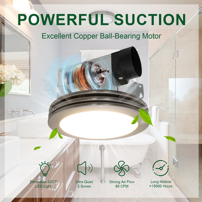 Ceiling fan with copper ball-bearing motor in a bathroom setting, highlighting features like powerful suction and LED light.
