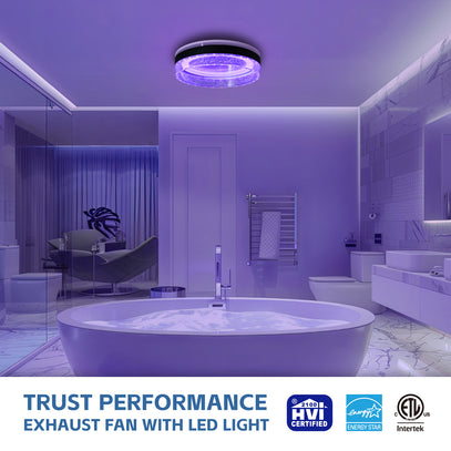 Bathroom with a modern exhaust fan and LED light, featuring certification logos.