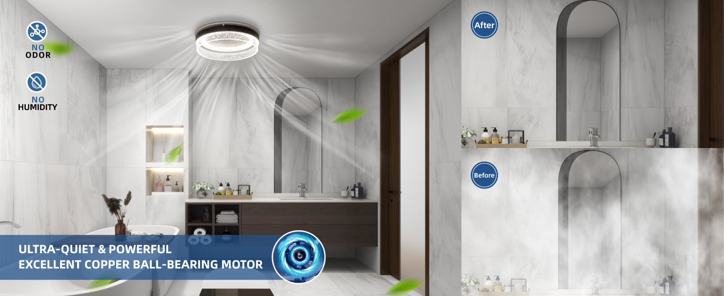 Bathroom with shower head and water droplets, featuring brand logos and product features.