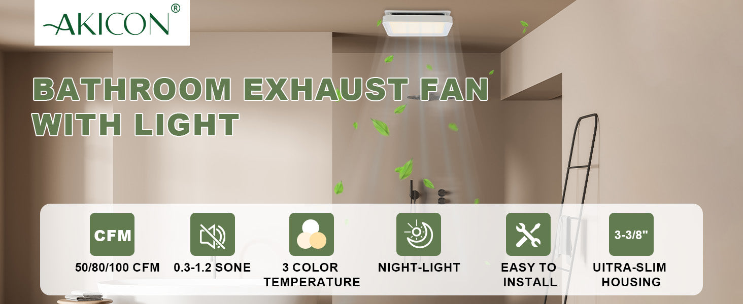 Bathroom exhaust fan with light by Akicon, showing a modern bathroom setting.