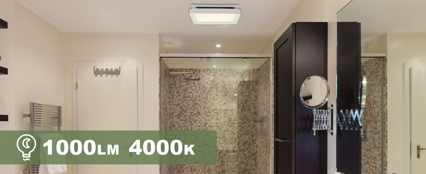Bathroom interior with a ceiling light fixture, shower area, and text indicating 1000lm and 4000k color temperature.