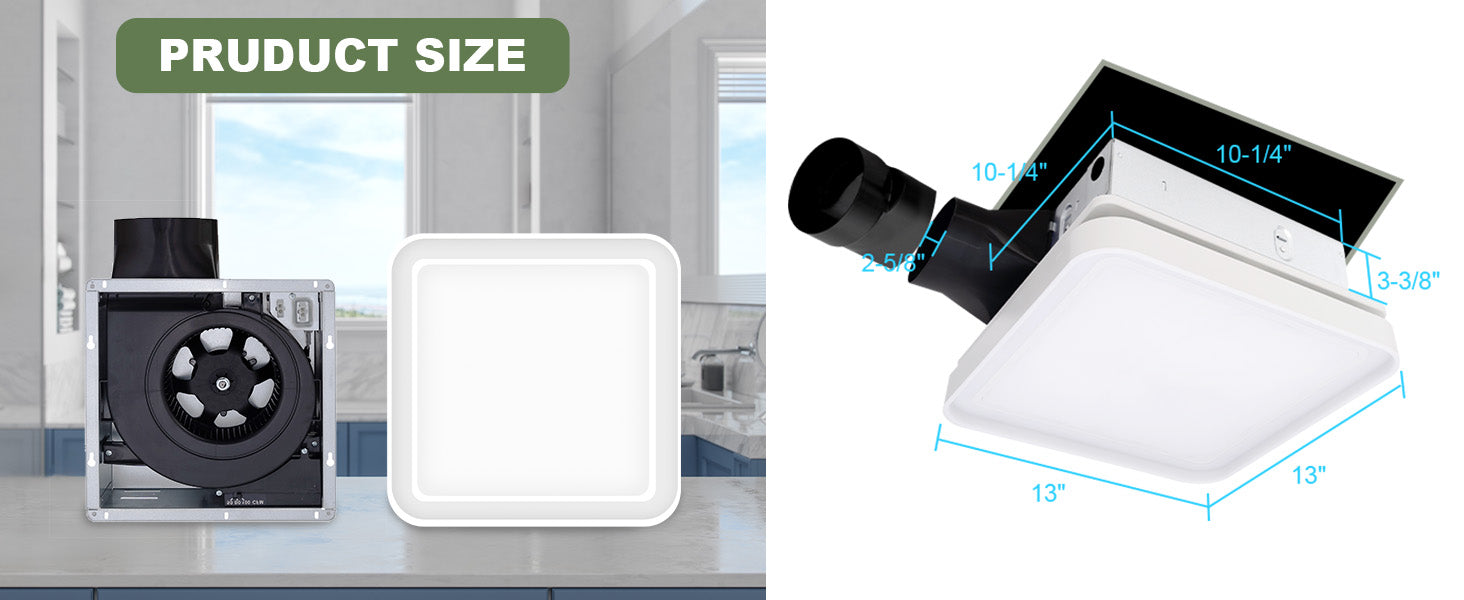 Ceiling fan and light fixture with measurements on a white background
