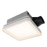 Ceiling-mounted light fixture with white square shade and black exhaust duct on a white background