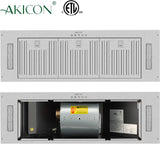 Stainless steel range hood with open compartment showing internal components, featuring the Akicon brand.