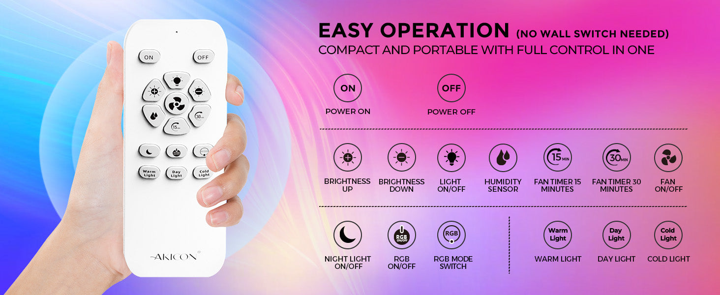Hand holding a white remote control with feature icons on a colorful gradient background