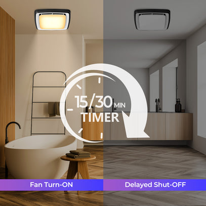 Bathroom with a ceiling fan and light fixture, featuring a timer display.