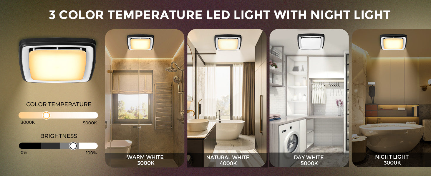 LED light fixture with color temperature and brightness controls displayed in a bathroom setting.