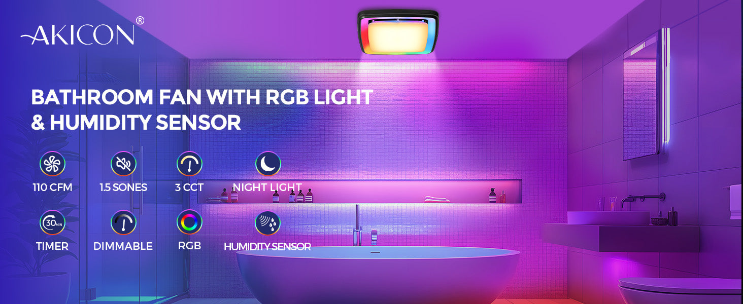 Bathroom fan with RGB light and humidity sensor in a colorful bathroom setting.