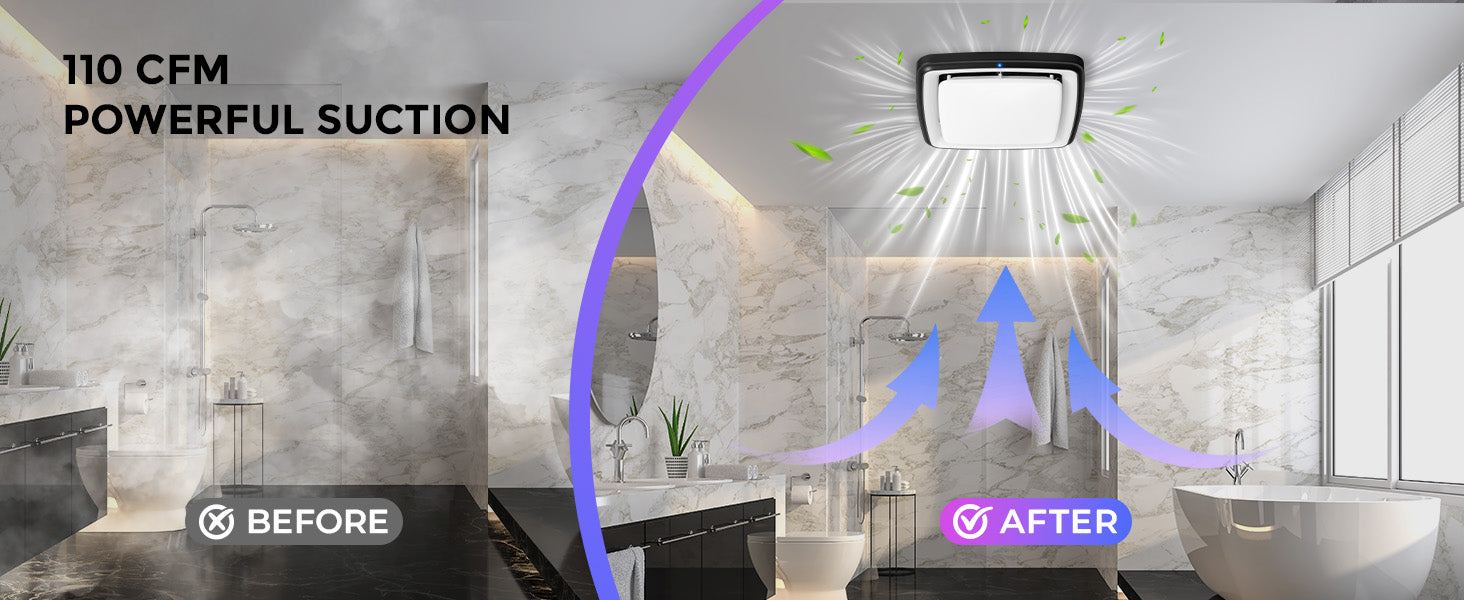 Bathroom transformation showing before and after with powerful suction feature.