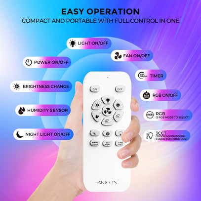 Hand holding a white remote control with various function labels on a colorful background