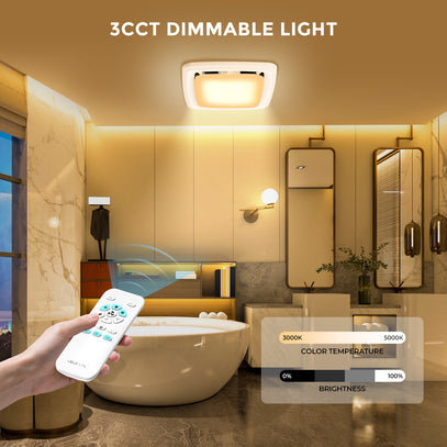 Bathroom with 3CCT Dimmable Light fixture and remote control, showing color temperature and brightness controls.
