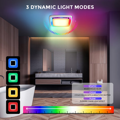 Bathroom with a ceiling light showing dynamic light modes and color options.