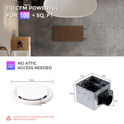 Ventilation system with text highlighting features and dimensions, set against a bathroom background.