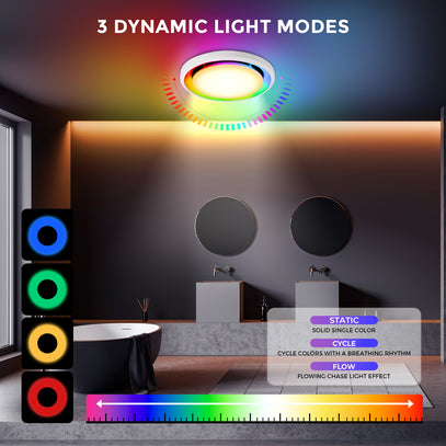 Bathroom with a LED light fixture displaying dynamic light modes.