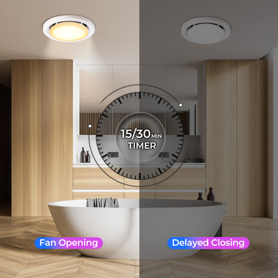 Bathroom with a bathtub, light fixture, and timer overlay showing 'Fan Opening' and 'Delayed Closing'.