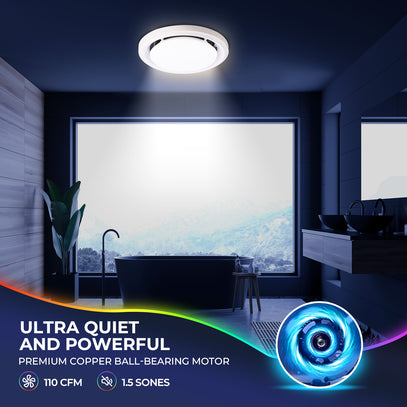 Ceiling light fixture in a modern bathroom with text highlighting features