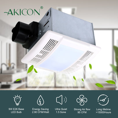 Akicon ceiling-mounted air vent with features listed below in a blurred bathroom background