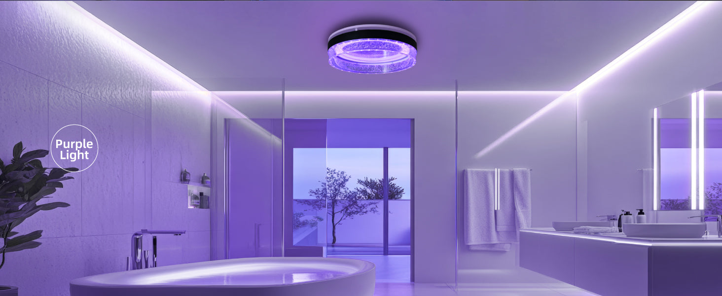Bathroom with purple lighting effect, featuring a modern design with a bathtub and mirrors.