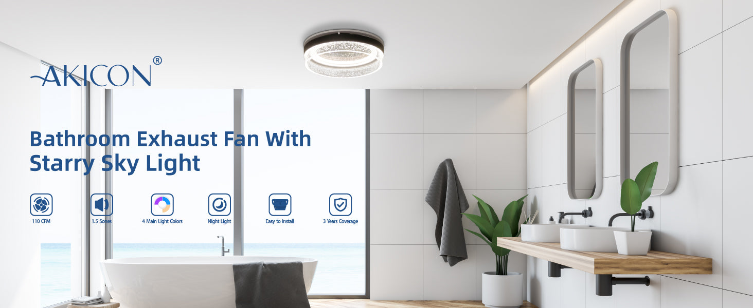 Bathroom with a ceiling exhaust fan labeled 'Akicon' featuring starry sky light.
