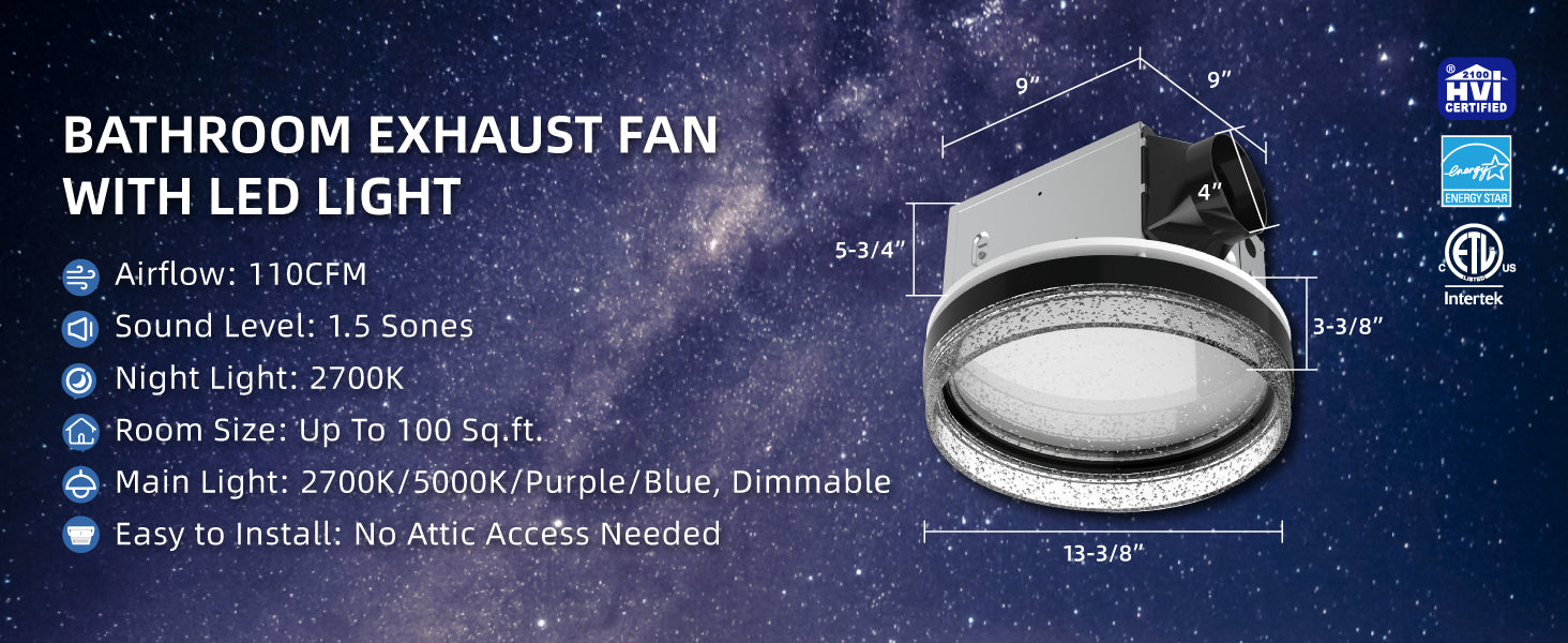 Bathroom exhaust fan with LED light on a starry night sky background