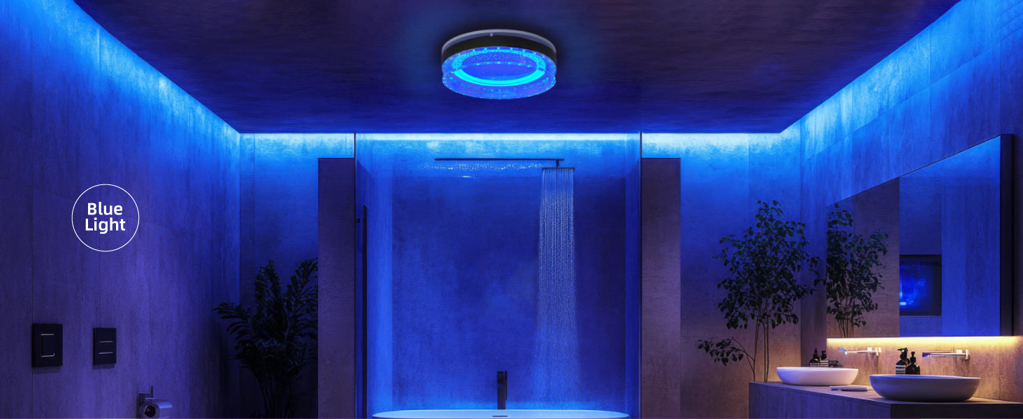 Bathroom with blue LED lighting and a shower head, featuring the 'Blue Light' logo.