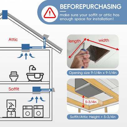 Diagram showing installation guidelines for a soffit or attic system with measurements and warnings.