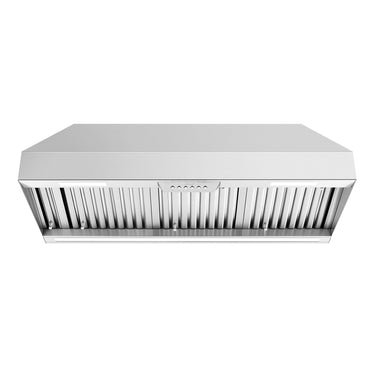 Stainless steel range hood on a white background